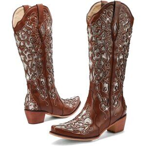 Women Brown Embroidery Sparkly Rhinestone Chunky Heel Mid Calf Wedding Boots